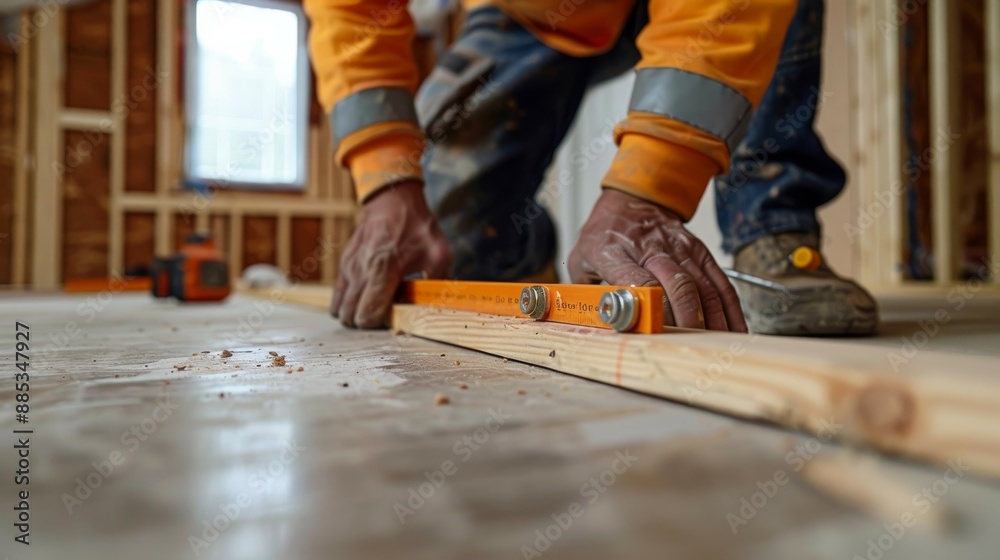 A construction worker uses a level to ensure a piece of wood is straight during a home renovation. A construction worker uses a level to ensure a piece of wood is straight during a home renovation.