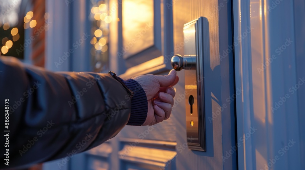 A hand reaches for the door handle, a warm light glows from inside. A hand reaches for the door handle, a warm light glows from inside.