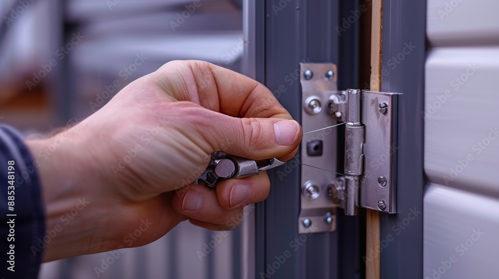 A hand unlocks a door with a key. The key is inserted into the lock and ...
