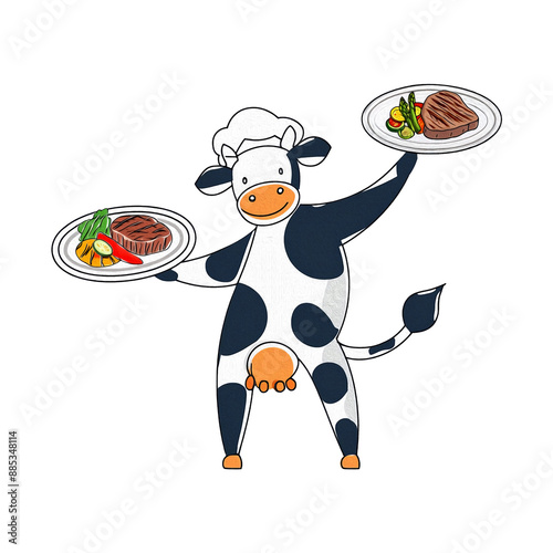 牛肉のステーキを持っている白黒牛のキャラクターのシュールな手描きイラスト　白背景の切り抜き