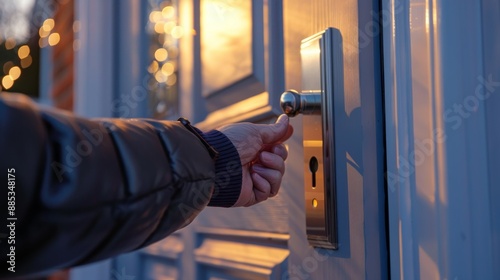 A hand reaches for the door handle,  a warm light glows from inside. © INT888