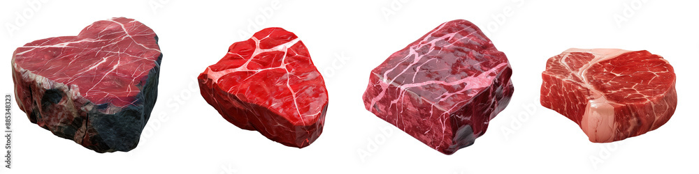 Obraz premium Raw beef steaks isolated on white background. Various cuts of fresh, red beef meat suitable for grilling, cooking, or barbecuing.