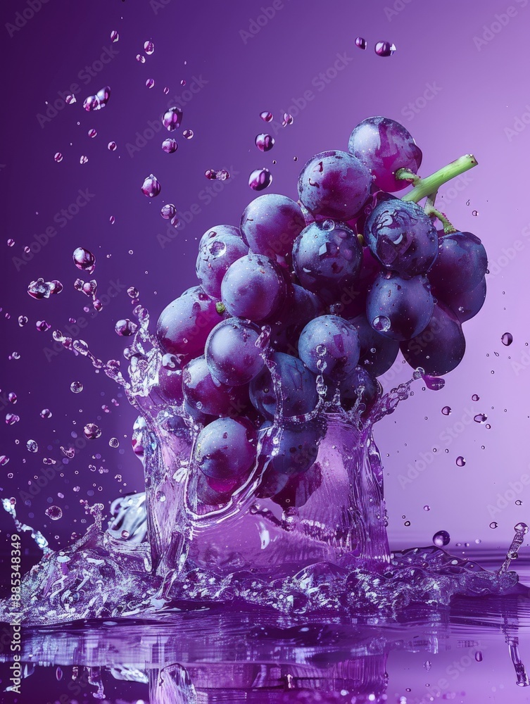 Purple grapes with water splash on purple background Purple grapes with water splash on purple background
