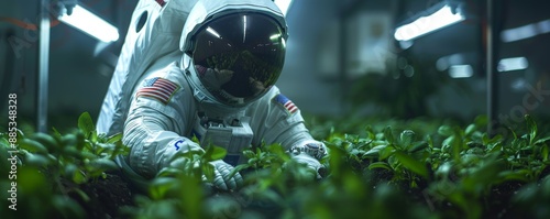 Astronaut Tending to Plants in a Futuristic Greenhouse, Blending Space Exploration with Agriculture photo