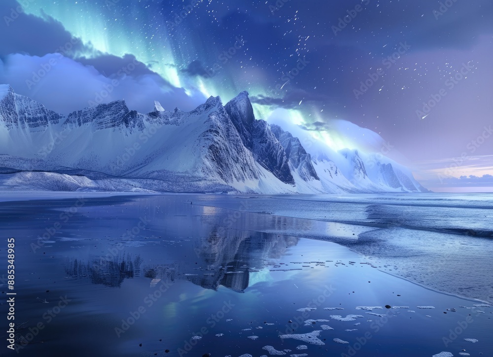 Northern Lights Reflecting on a Snowy Mountain Range Northern Lights Reflecting on a Snowy Mountain Range