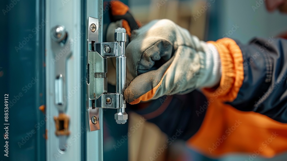 Close-up of a gloved hand installing a door lock. Close-up of a gloved hand installing a door lock.