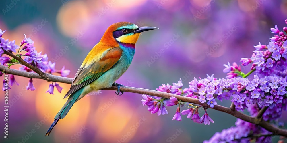 Colorful bird sitting on a branch with purple flowers, bird, colorful, branch, flowers, nature, beauty, vibrant, wildlife Colorful bird sitting on a branch with purple flowers, bird, colorful, branch, flowers, nature, beauty, vibrant, wildlife