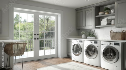 Modern laundry room with white appliances, a large window, and a rustic wicker chair.