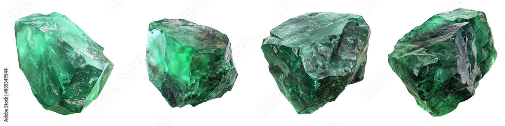 Fototapeta premium Set of four raw green fluorite crystals on white background, perfect for geology, mineralogy, and crystal healing stock imagery.