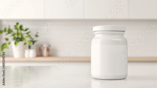 Clean White Jar on Kitchen Counter with Green Plant and Modern Minimalist Decor in Bright Light Kitchen Interior