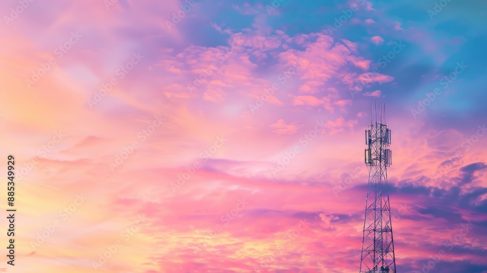Cell tower with colorful sky at sunset, telecommunication technology concept. Cell tower with colorful sky at sunset, telecommunication technology concept.
