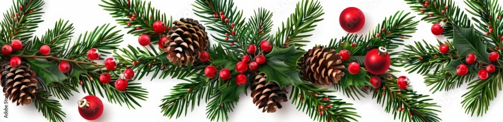 The holiday garland with snowberries, green twigs, red decorations, and cones is isolated on white or transparent background The holiday garland with snowberries, green twigs, red decorations, and cones is isolated on white or transparent background