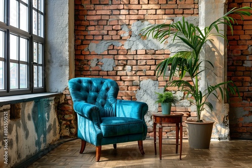 Modern loft interior design with a fusion of modern comfort and industrial charm featuring a plush teal armchair, a cluster of succulents, and a raw brick wall.