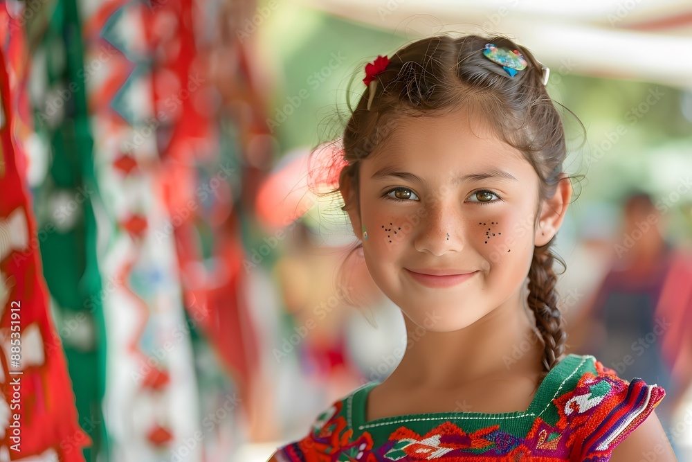Smiling Girl in Traditional Colorful Attire at a Festive Market Smiling Girl in Traditional Colorful Attire at a Festive Market