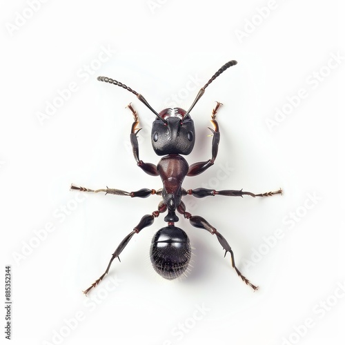 An ant with segmented antennae and strong mandibles and shiny exoskeleton, isolated white background, graphic novel style