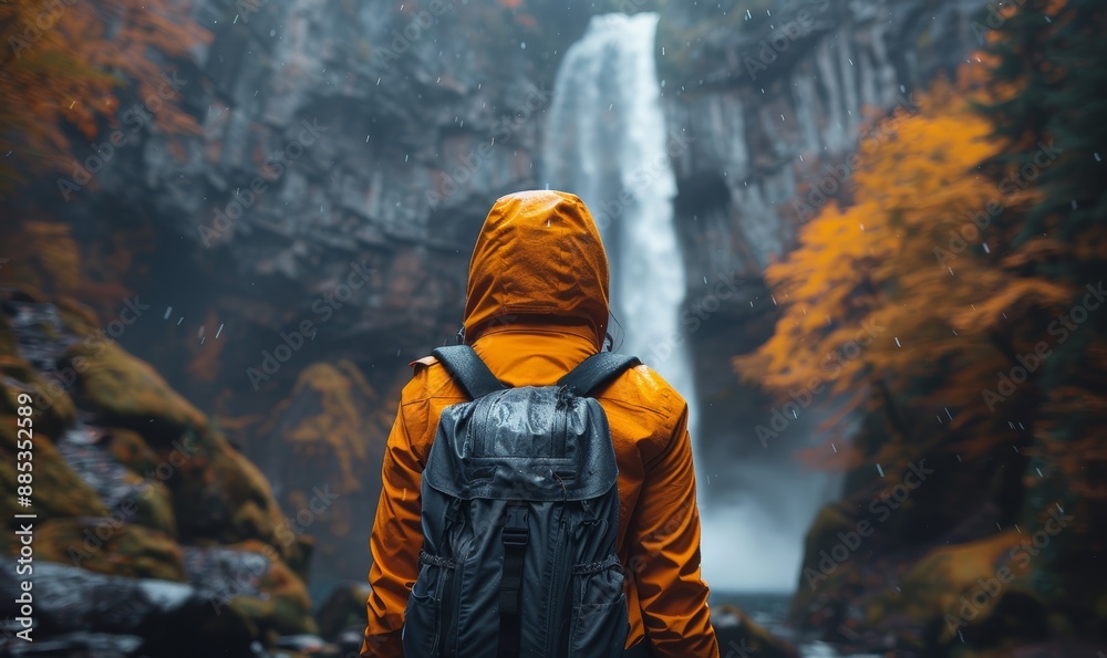 Adventurer in Orange Raincoat with Backpack Gazing at Majestic Waterfall in Autumn Forest Adventurer in Orange Raincoat with Backpack Gazing at Majestic Waterfall in Autumn Forest