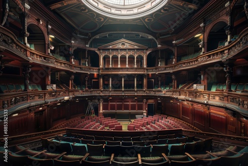 Historic Grand Theater Interior with Ornate Architecture and Empty Seats photo