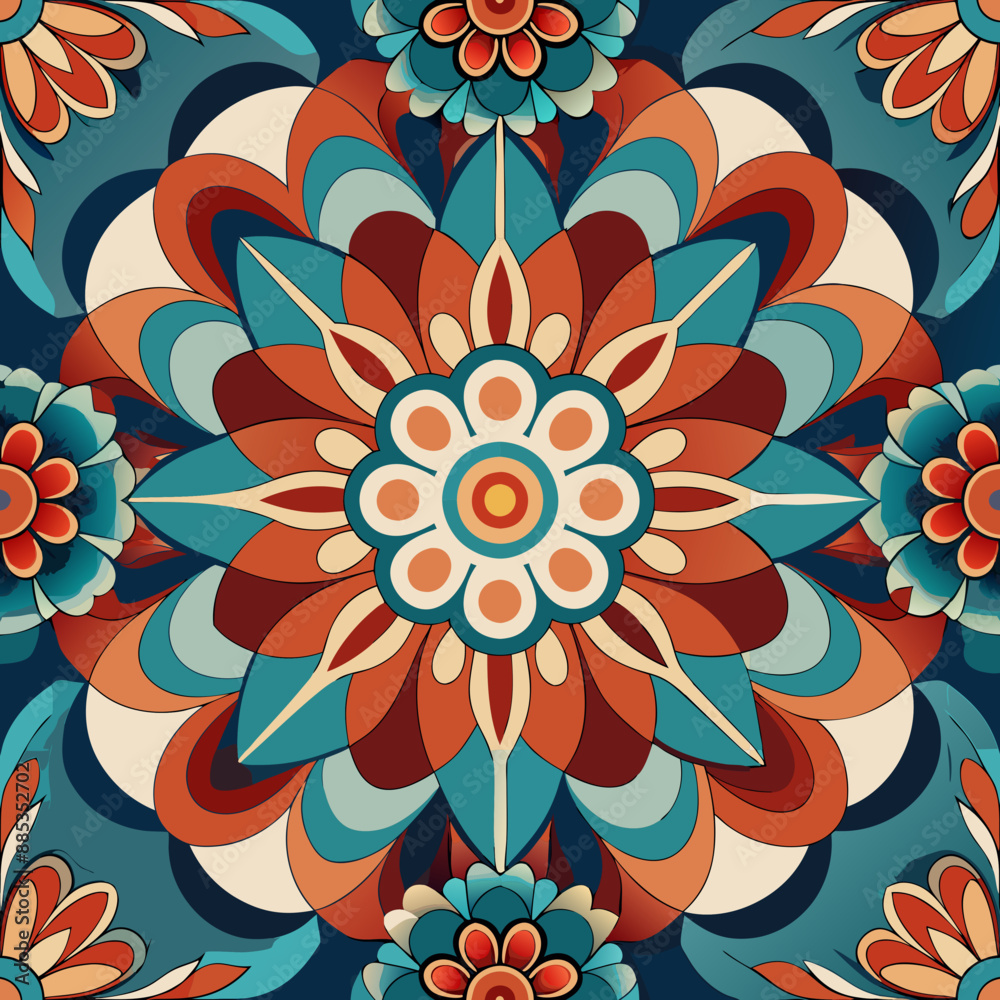 A mandala design showcases intricate patterns in shades of teal, orange, and cream A mandala design showcases intricate patterns in shades of teal, orange, and cream