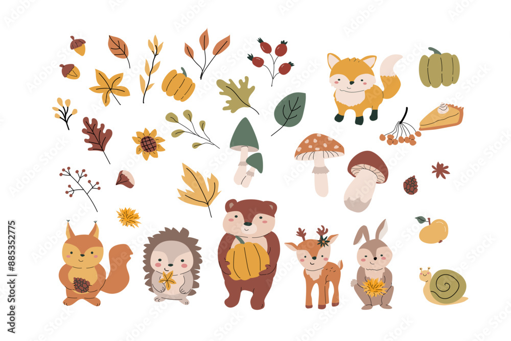 Obraz premium Fall animals bundle with leaves and other seasonal items and clothes, things. Childrens forest wild animals with harvest clipart elements. Hand drawn big set of autumn stickers.