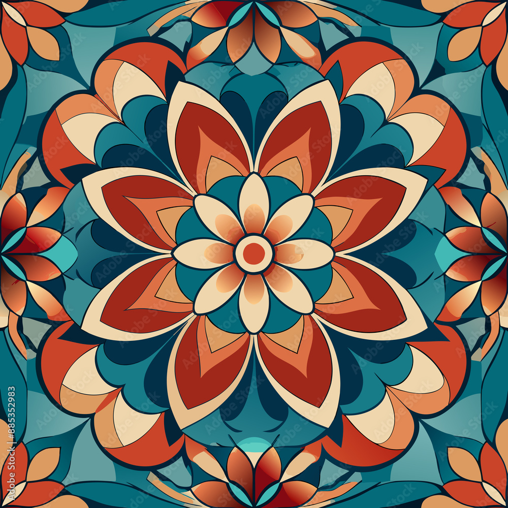 A mandala design showcases intricate patterns in shades of teal, orange, and cream A mandala design showcases intricate patterns in shades of teal, orange, and cream