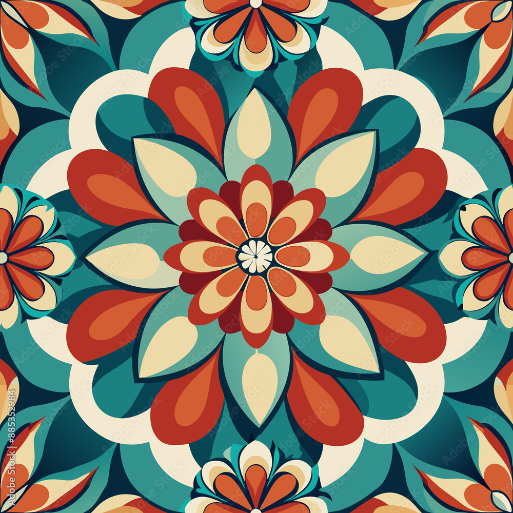 A mandala design showcases intricate patterns in shades of teal, orange, and cream A mandala design showcases intricate patterns in shades of teal, orange, and cream