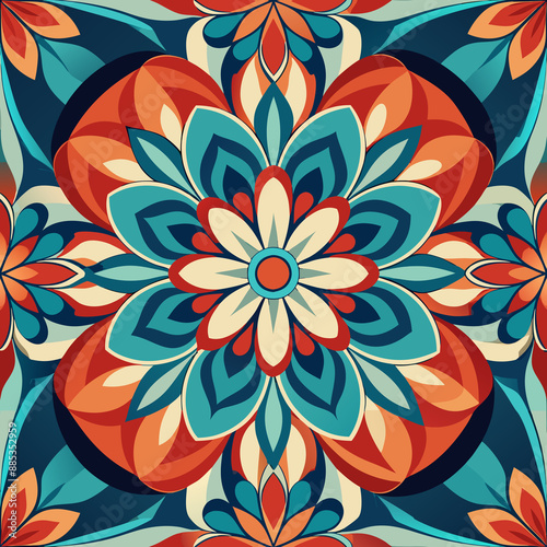 A mandala design showcases intricate patterns in shades of teal, orange, and cream