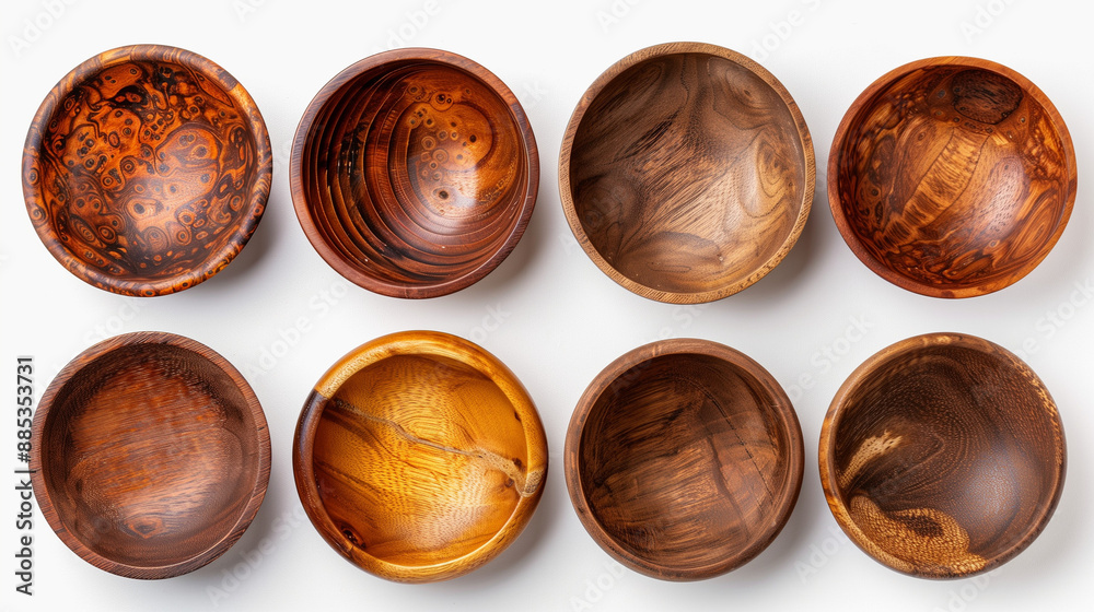 A row of wooden bowls with different designs and colors A row of wooden bowls with different designs and colors