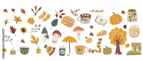 Fall harvest elements, stickers set of different leaves, cups, mushrooms. Cozy clipart things and clothes for scrapbooking, print, posters.