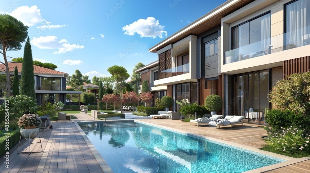 Fototapeta premium Luxury apartment complex with a communal pool