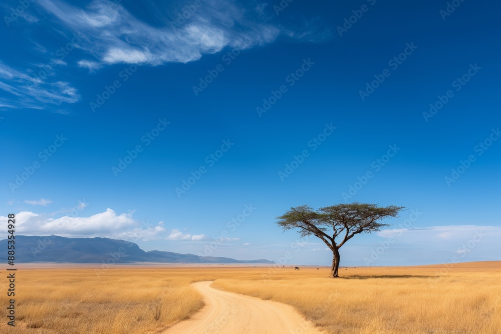 Lone Tree in Vast African Savannah Landscape under Clear Blue Sky Lone Tree in Vast African Savannah Landscape under Clear Blue Sky