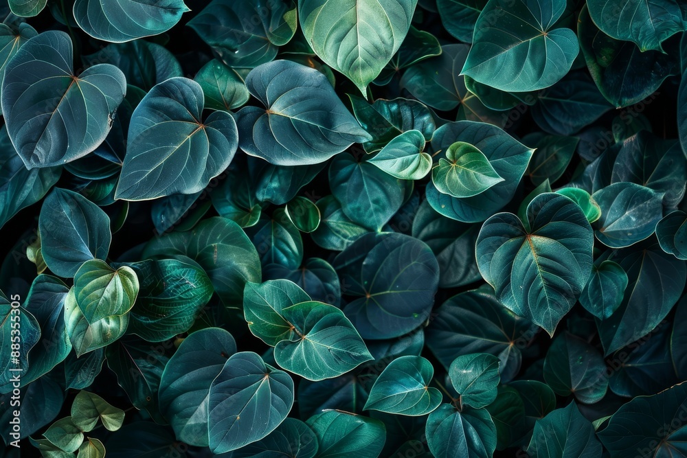 A tropical forest plant concept on a dark background with green leaves in the summer