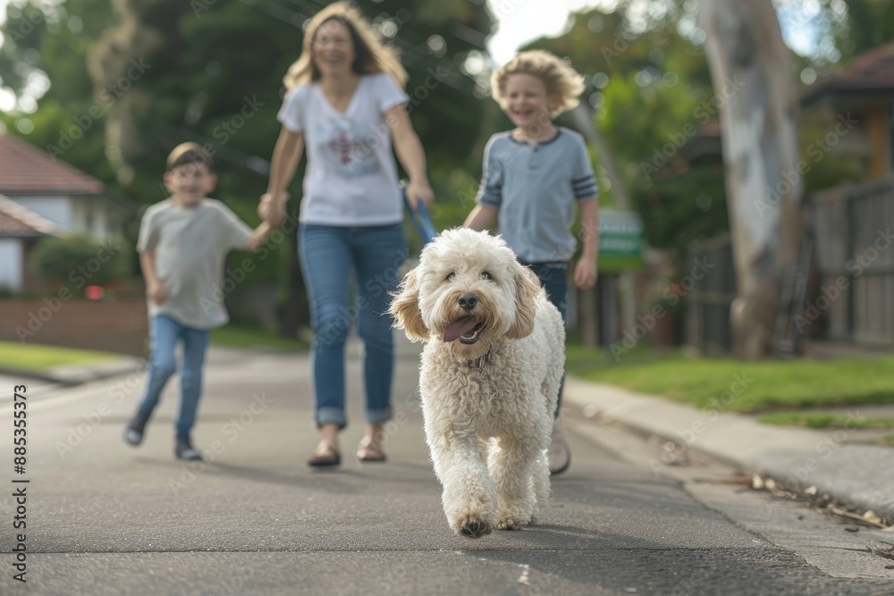 Taking a walk with their dog along the street with their grandparents and granddaughters Taking a walk with their dog along the street with their grandparents and granddaughters