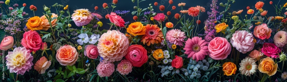 A variety of flowers are in full bloom. The colors are vibrant and the petals are delicate. The flowers are arranged in a pleasing way and the background is soft and out of focus. A variety of flowers are in full bloom. The colors are vibrant and the petals are delicate. The flowers are arranged in a pleasing way and the background is soft and out of focus.