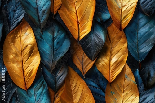 Golden and Blue Leaves Abstract Pattern