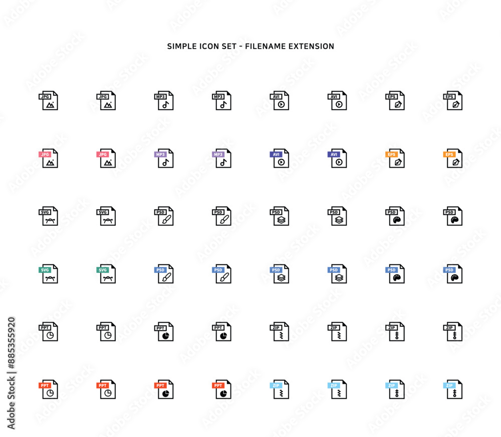 Collection of document type icon according to file extension
