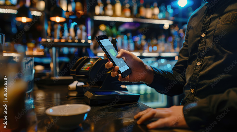 Man Using Mobile Payment at Restaurant or Bar Terminal