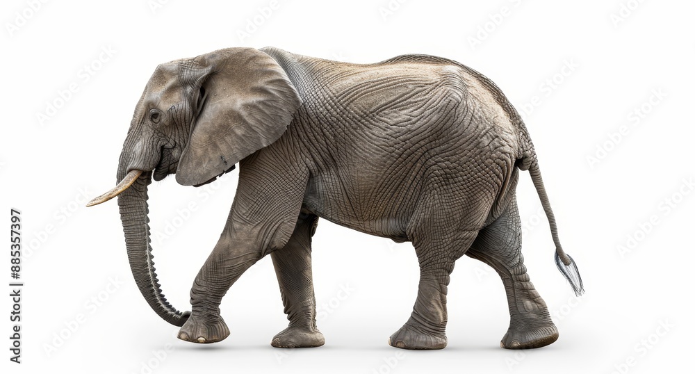 Fototapeta premium An Asian elephant walking on a white background from the side.