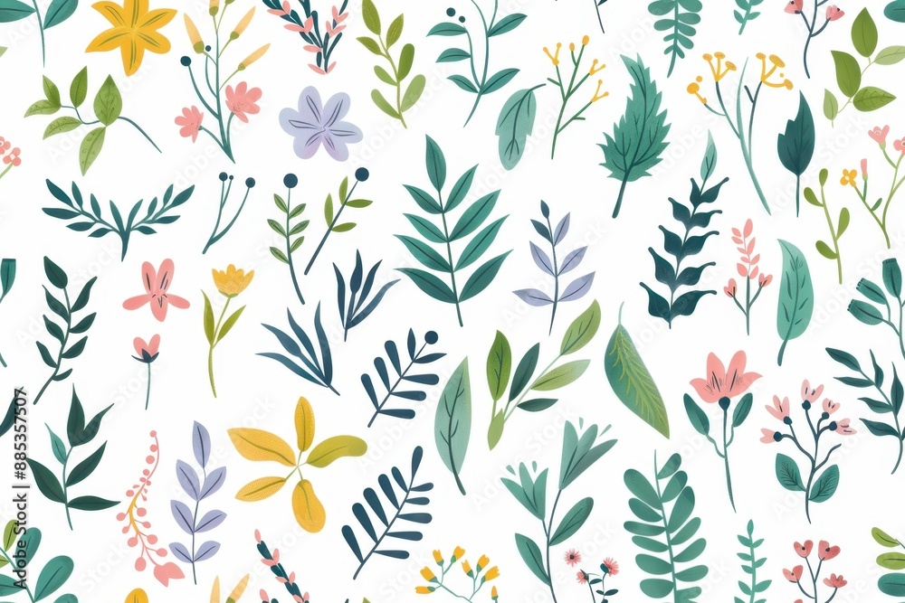 Fototapeta premium Seamless Pattern of Delicate Watercolor Flowers and Leaves