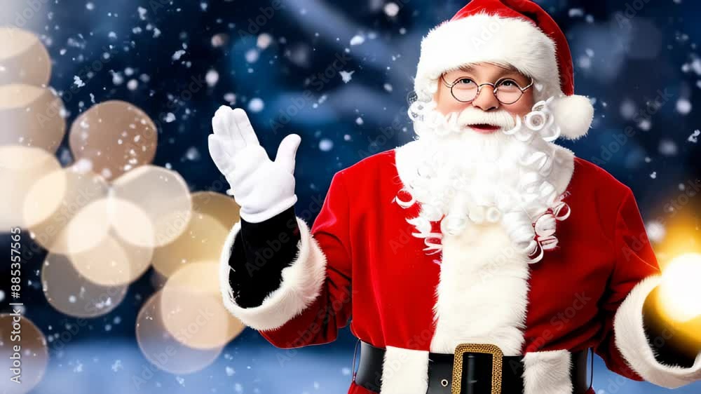 Santa Claus with a white beard and glasses, wearing a traditional red suit, smiles and holding a glowing golden lights against snowy bokeh lights. Copy space template Christmas backdrop Santa Claus with a white beard and glasses, wearing a traditional red suit, smiles and holding a glowing golden lights against snowy bokeh lights. Copy space template Christmas backdrop