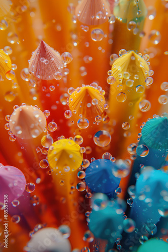 Top view of a colorful minimalist jar with colored pencils, copy space and orange background photo