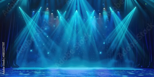 Stage Lights and Curtains,Empty Stage Illuminated by Blue Spotlights