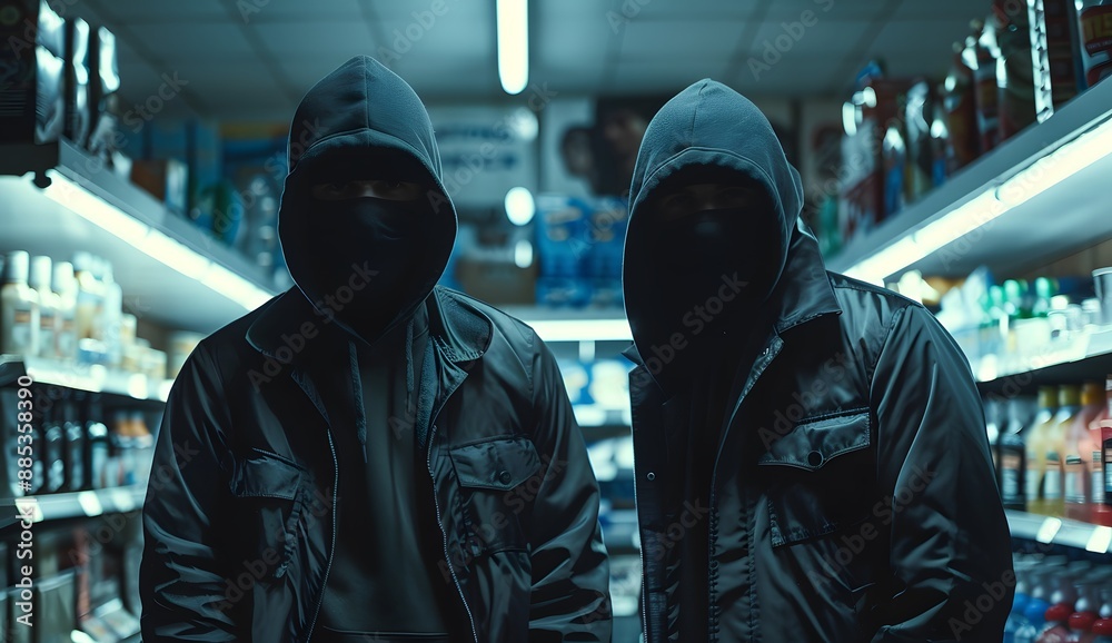 Two robbers in black jackets and balaclavas stand inside the store, in a cinematic style. Two robbers in black jackets and balaclavas stand inside the store, in a cinematic style.