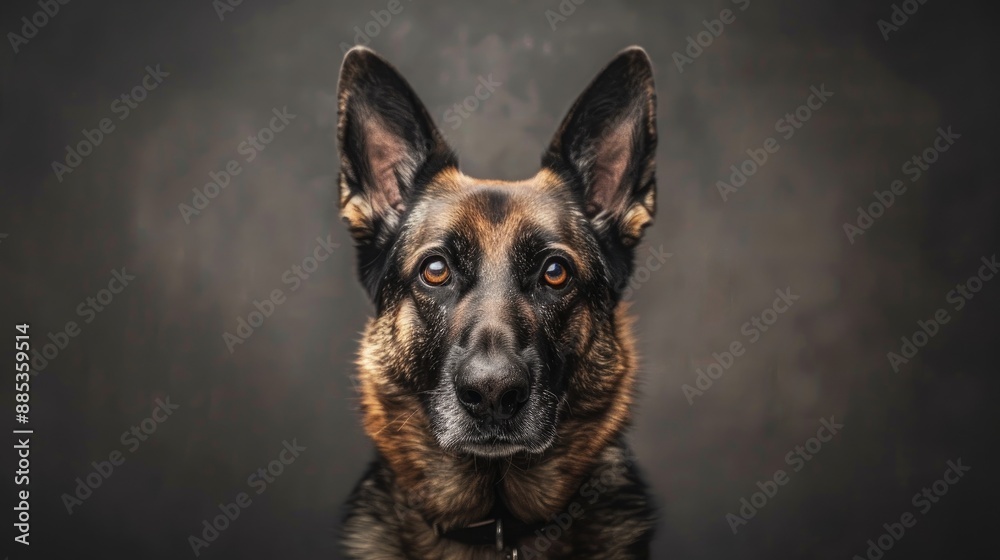 Gorgeous German shepherd dog against grey backdrop in studio setting Grey and brown hues Gorgeous German shepherd dog against grey backdrop in studio setting Grey and brown hues