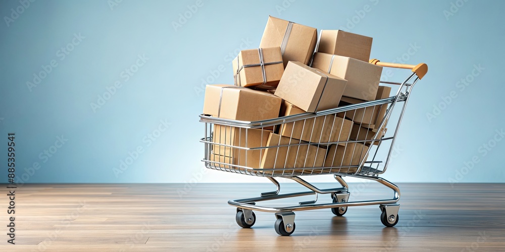 A shopping cart filled with various cardboard boxes, shopping, cart, boxes, storage, transportation, logistics, delivery A shopping cart filled with various cardboard boxes, shopping, cart, boxes, storage, transportation, logistics, delivery