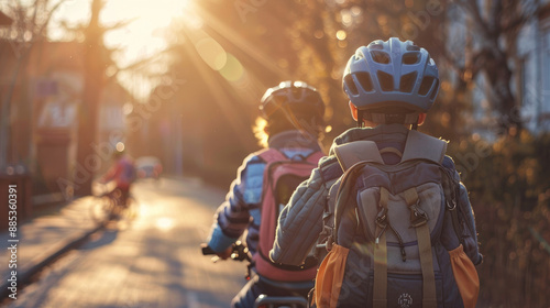 Boys with Helmets and Backpacks Cycling to School photo