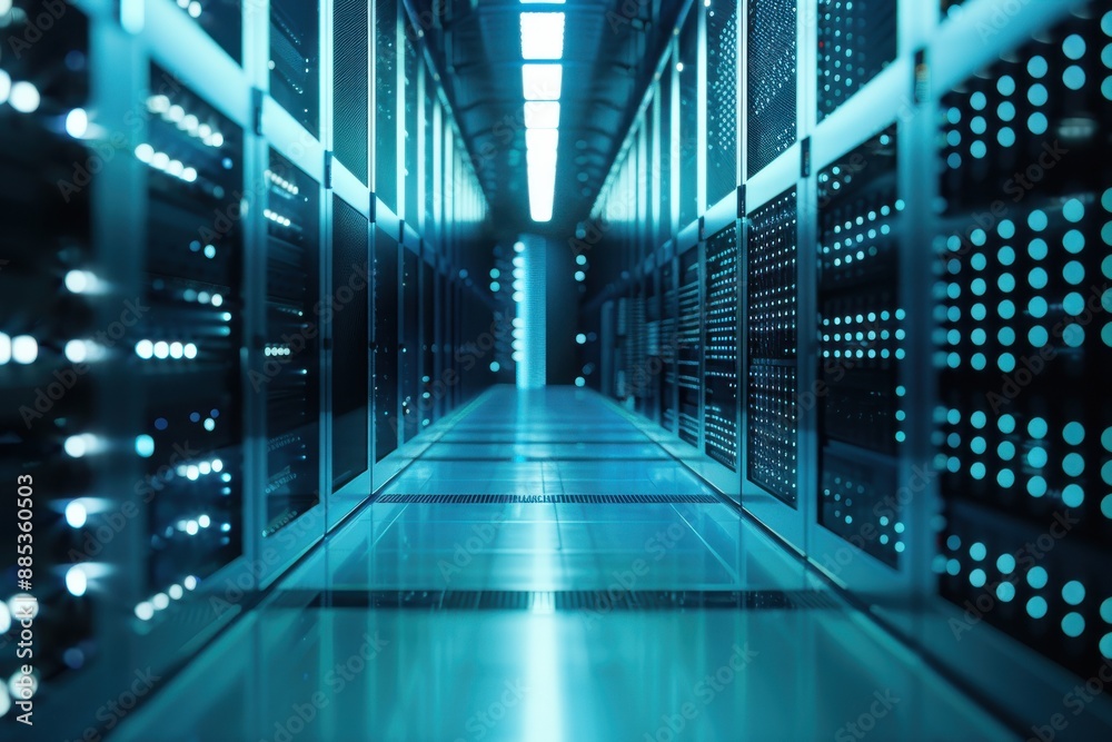 AI server room with glowing data racks, soft blue light, low angle, high-tech and sleek, detailed and intricate, modern and advanced AI server room with glowing data racks, soft blue light, low angle, high-tech and sleek, detailed and intricate, modern and advanced
