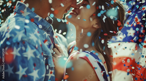 Young teenage american couple at prom dancing together. Young love celebrationg with american color confetti. Smiling couple at a party july 4th. Woman in a dress, man wearing a suit. AI Generated. photo