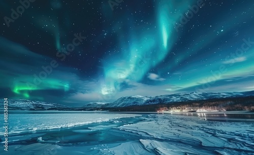Northern Lights Dancing Over Frozen Lake