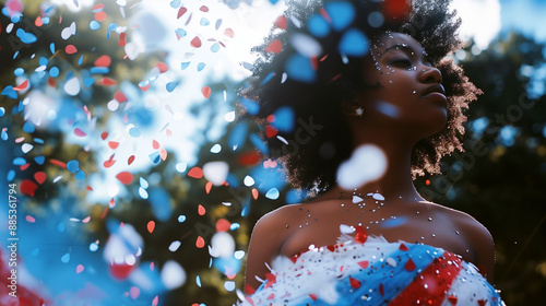 Black girl in prom dress with America flag color confetti falling aroind her. Wearing prom dress in summer for high school graduation. Serence candid professional shot of young african american.