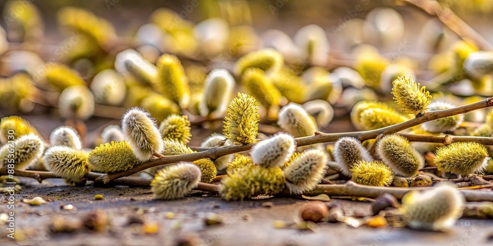 Close-up of catkins scattered on the ground during the Easter season, Easter, catkins, spring, nature, flora, outdoors Close-up of catkins scattered on the ground during the Easter season, Easter, catkins, spring, nature, flora, outdoors